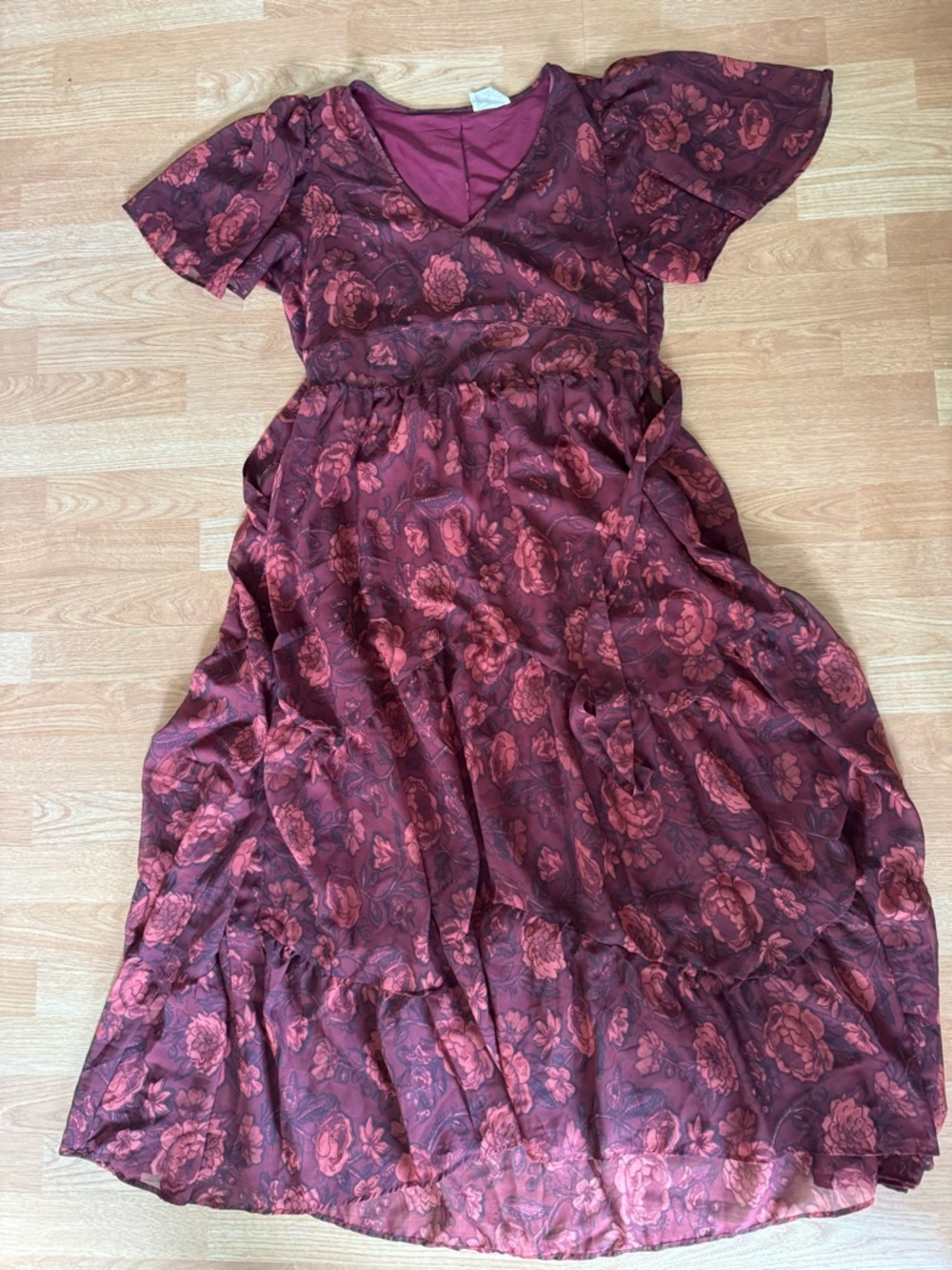Joyfolie Burgundy Rose-Print V-Neck Maxi Dress